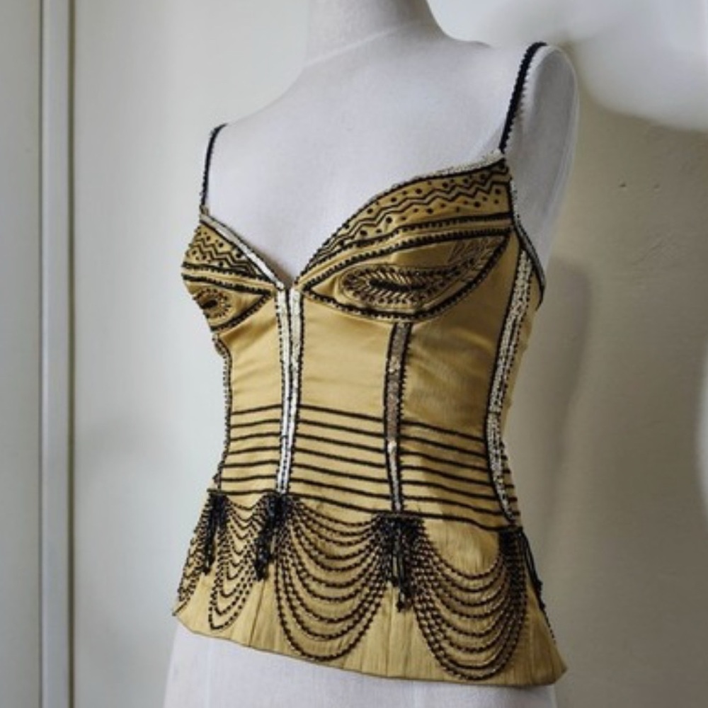 Stunning RARE Art Deco Victorian Mandalay Gold & Black Beaded Corset Evening Top